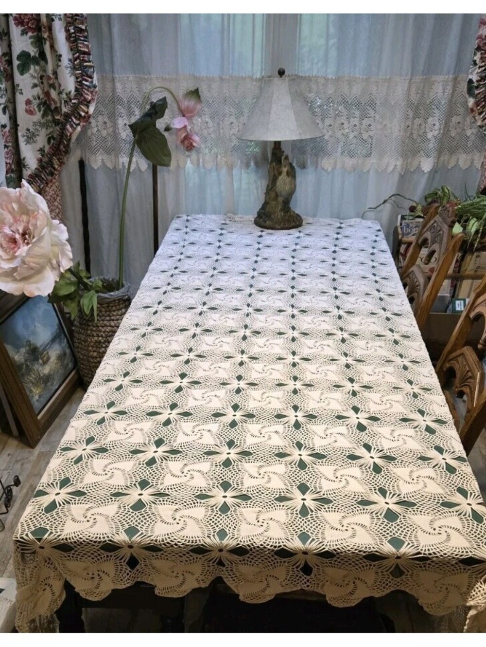 Vintage Large Crocheted Lace Tablecloth Swirl Pattern 88" by 100" Mint Condition
